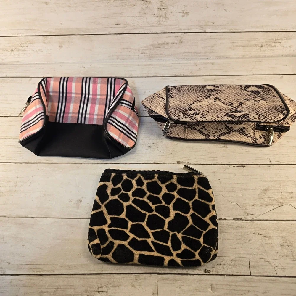 Lancome Cosmetic Bag 3pc Pink Plaid Snakeskin Giraffe Faux Fur Makeup Pouches